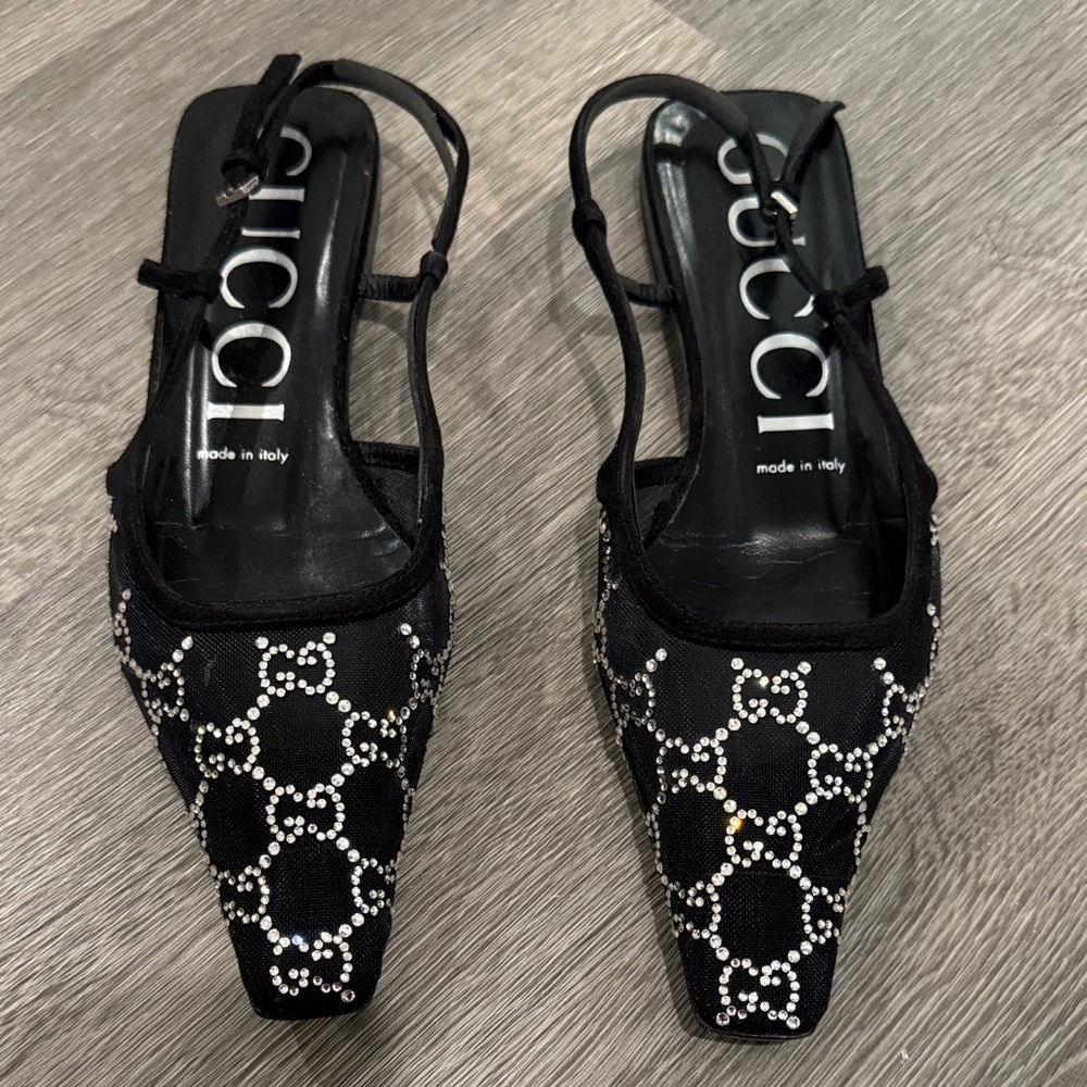 Gucci Demi GG Crystal Mesh Black Silver Slingback Flat